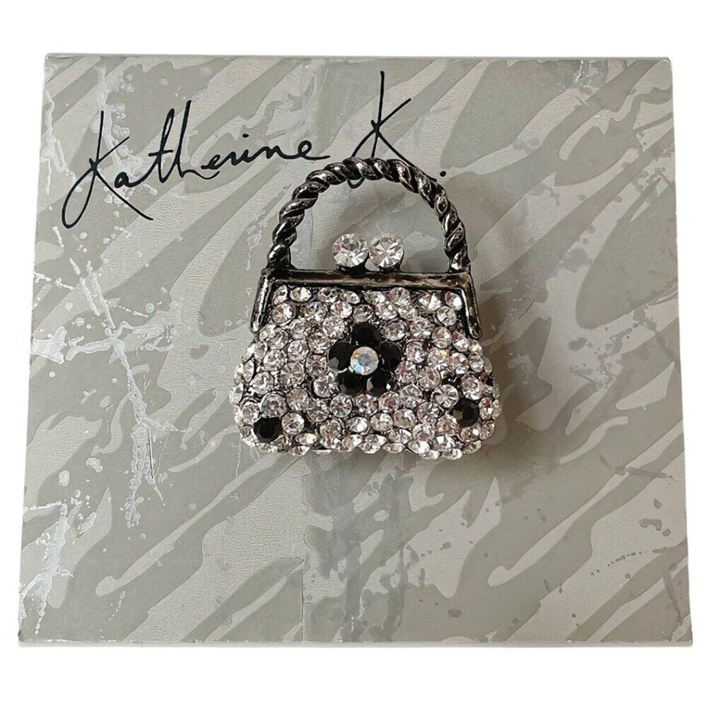 Katherine K Antique Silver Tone Black & White Crystal Handbag Purse Pin Brooch